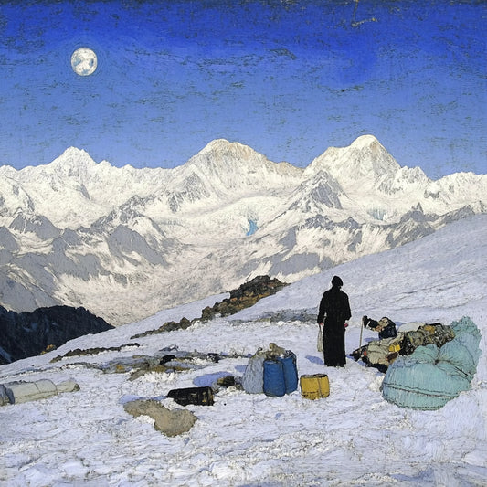 A series of digitally altered paintings inspired by Giovanni Segantini’s work depicting tourists in vast, snowy mountain landscapes. The images feature travelers in dark winter clothing standing or moving among scattered supplies, barrels, and tents, evoking a surreal, painterly aesthetic. The striking contrast between human presence and the untouched grandeur of the high-altitude environment highlights themes of solitude, exploration, and environmental impact.