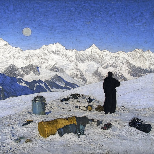 A series of digitally altered paintings inspired by Giovanni Segantini’s work depicting tourists in vast, snowy mountain landscapes. The images feature travelers in dark winter clothing standing or moving among scattered supplies, barrels, and tents, evoking a surreal, painterly aesthetic. The striking contrast between human presence and the untouched grandeur of the high-altitude environment highlights themes of solitude, exploration, and environmental impact.