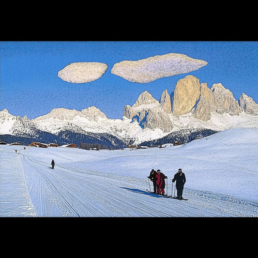 A series of digitally altered paintings inspired by Giovanni Segantini’s work depicting tourists in vast, snowy mountain landscapes. The images feature travelers in dark winter clothing standing or moving among scattered supplies, barrels, and tents, evoking a surreal, painterly aesthetic. The striking contrast between human presence and the untouched grandeur of the high-altitude environment highlights themes of solitude, exploration, and environmental impact.