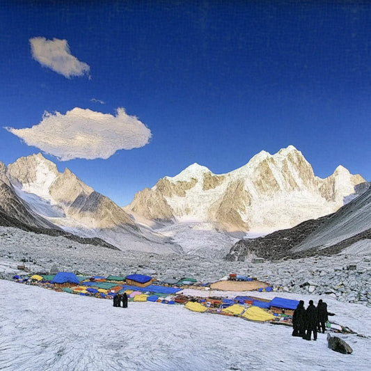 A series of digitally altered paintings inspired by Giovanni Segantini’s work depicting tourists in vast, snowy mountain landscapes. The images feature travelers in dark winter clothing standing or moving among scattered supplies, barrels, and tents, evoking a surreal, painterly aesthetic. The striking contrast between human presence and the untouched grandeur of the high-altitude environment highlights themes of solitude, exploration, and environmental impact.