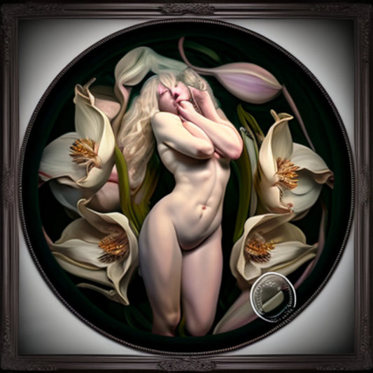 AI-generated exploration of Kurt Cobain's art, depicting women in surreal, anatomical, and floral settings. These images blend vulnerability, beauty, and decay, reflecting themes of birth, death, and transformation present in Cobain’s aesthetic.