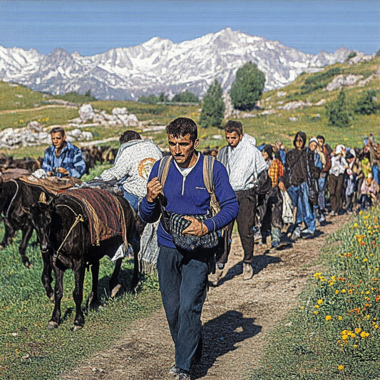 Digitally altered paintings inspired by Giovanni Segantini, depicting refugees trekking through vast mountain landscapes. Men, women, and children walk rugged paths, carrying bags and leading horses. Their expressions reflect resilience and exhaustion as they cross green meadows with snow-capped peaks in the background, evoking themes of displacement and human endurance.
