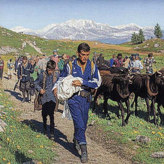 Digitally altered paintings inspired by Giovanni Segantini, depicting refugees trekking through vast mountain landscapes. Men, women, and children walk rugged paths, carrying bags and leading horses. Their expressions reflect resilience and exhaustion as they cross green meadows with snow-capped peaks in the background, evoking themes of displacement and human endurance.