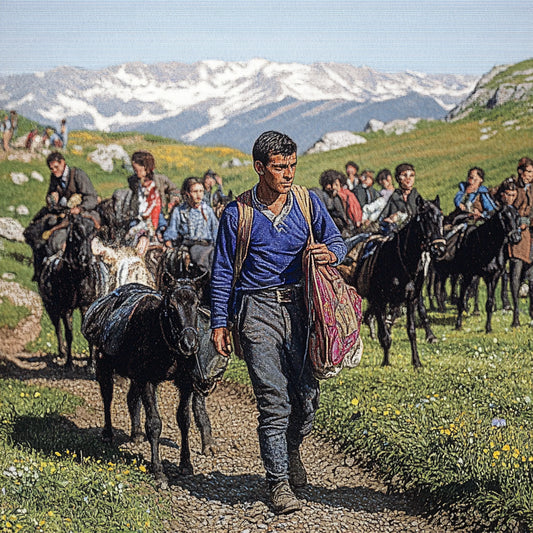 Digitally altered paintings inspired by Giovanni Segantini, depicting refugees trekking through vast mountain landscapes. Men, women, and children walk rugged paths, carrying bags and leading horses. Their expressions reflect resilience and exhaustion as they cross green meadows with snow-capped peaks in the background, evoking themes of displacement and human endurance.