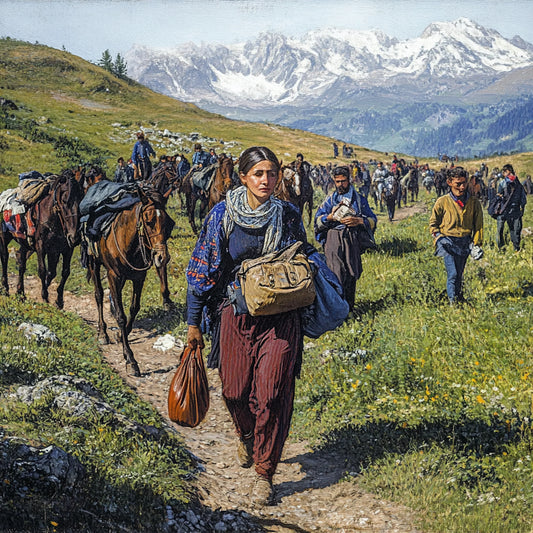 Digitally altered paintings inspired by Giovanni Segantini, depicting refugees trekking through vast mountain landscapes. Men, women, and children walk rugged paths, carrying bags and leading horses. Their expressions reflect resilience and exhaustion as they cross green meadows with snow-capped peaks in the background, evoking themes of displacement and human endurance.