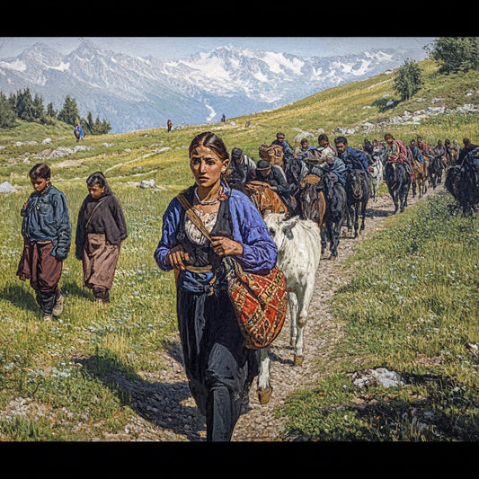 Digitally altered paintings inspired by Giovanni Segantini, depicting refugees trekking through vast mountain landscapes. Men, women, and children walk rugged paths, carrying bags and leading horses. Their expressions reflect resilience and exhaustion as they cross green meadows with snow-capped peaks in the background, evoking themes of displacement and human endurance.
