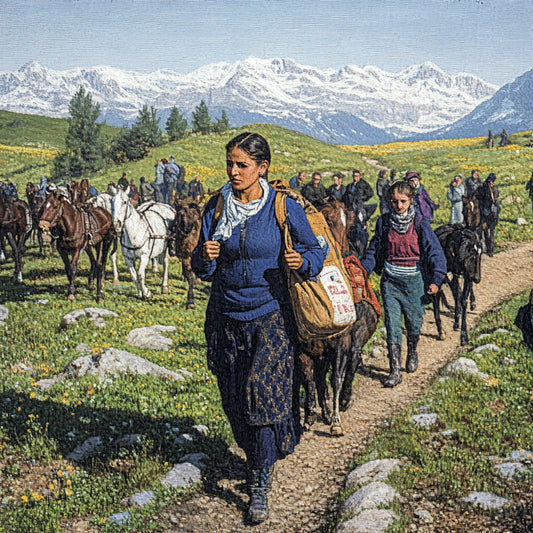 Digitally altered paintings inspired by Giovanni Segantini, depicting refugees trekking through vast mountain landscapes. Men, women, and children walk rugged paths, carrying bags and leading horses. Their expressions reflect resilience and exhaustion as they cross green meadows with snow-capped peaks in the background, evoking themes of displacement and human endurance.
