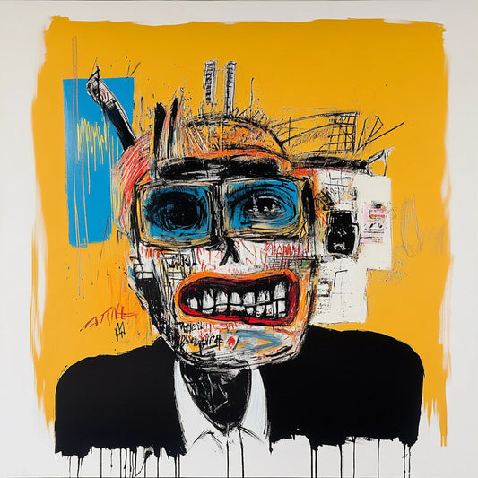 Abstract skull artwork in an expressive neo-expressionist style, featuring a fusion of human anatomy and urban textures. Bold brushstrokes, vibrant yellows, reds, and blues, and deconstructed facial structures create a haunting yet captivating aesthetic. Inspired by Basquiat and AI-assisted creativity, this series explores the interplay of identity, decay, and digital fragmentation.