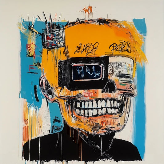 Abstract skull artwork in an expressive neo-expressionist style, featuring a fusion of human anatomy and urban textures. Bold brushstrokes, vibrant yellows, reds, and blues, and deconstructed facial structures create a haunting yet captivating aesthetic. Inspired by Basquiat and AI-assisted creativity, this series explores the interplay of identity, decay, and digital fragmentation.