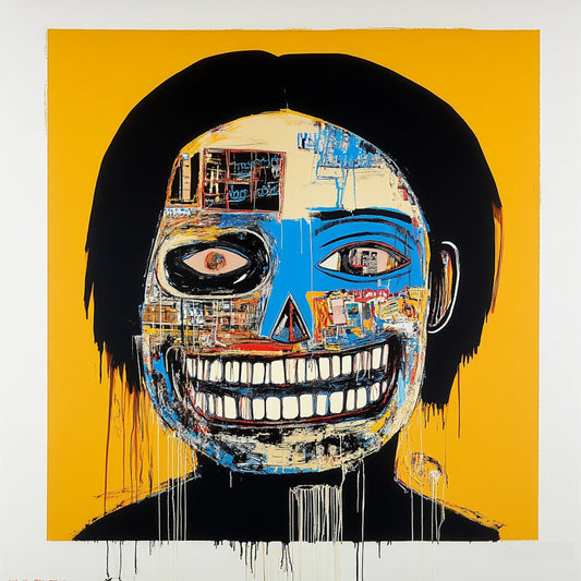 Abstract skull artwork in an expressive neo-expressionist style, featuring a fusion of human anatomy and urban textures. Bold brushstrokes, vibrant yellows, reds, and blues, and deconstructed facial structures create a haunting yet captivating aesthetic. Inspired by Basquiat and AI-assisted creativity, this series explores the interplay of identity, decay, and digital fragmentation.