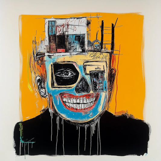Abstract skull artwork in an expressive neo-expressionist style, featuring a fusion of human anatomy and urban textures. Bold brushstrokes, vibrant yellows, reds, and blues, and deconstructed facial structures create a haunting yet captivating aesthetic. Inspired by Basquiat and AI-assisted creativity, this series explores the interplay of identity, decay, and digital fragmentation.
