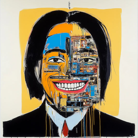 Abstract skull artwork in an expressive neo-expressionist style, featuring a fusion of human anatomy and urban textures. Bold brushstrokes, vibrant yellows, reds, and blues, and deconstructed facial structures create a haunting yet captivating aesthetic. Inspired by Basquiat and AI-assisted creativity, this series explores the interplay of identity, decay, and digital fragmentation.