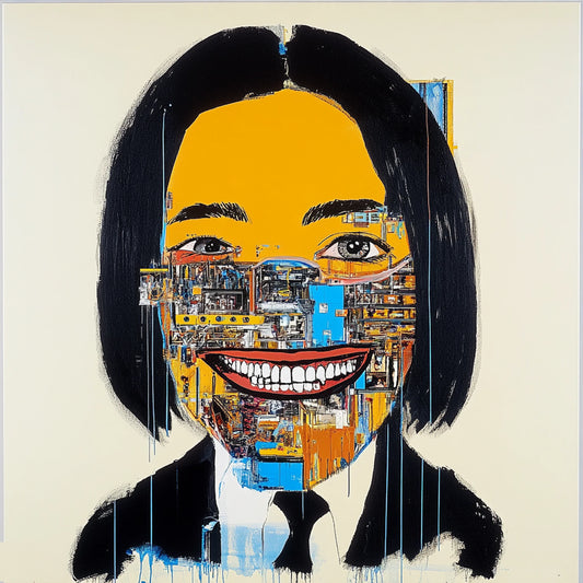 Abstract skull artwork in an expressive neo-expressionist style, featuring a fusion of human anatomy and urban textures. Bold brushstrokes, vibrant yellows, reds, and blues, and deconstructed facial structures create a haunting yet captivating aesthetic. Inspired by Basquiat and AI-assisted creativity, this series explores the interplay of identity, decay, and digital fragmentation.