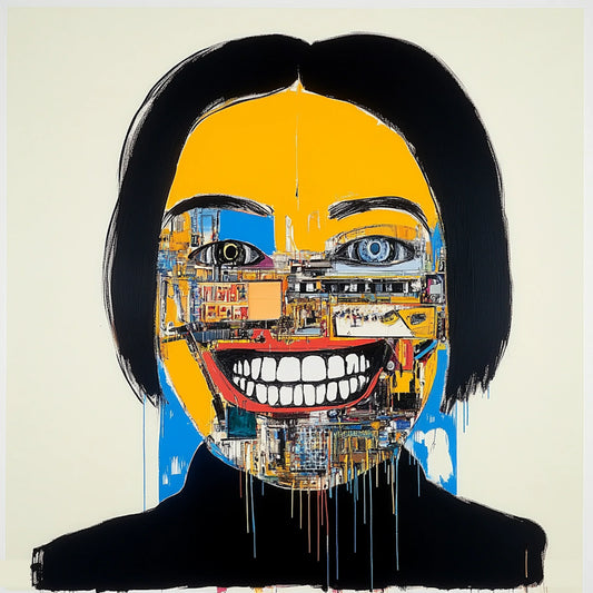 Abstract skull artwork in an expressive neo-expressionist style, featuring a fusion of human anatomy and urban textures. Bold brushstrokes, vibrant yellows, reds, and blues, and deconstructed facial structures create a haunting yet captivating aesthetic. Inspired by Basquiat and AI-assisted creativity, this series explores the interplay of identity, decay, and digital fragmentation.