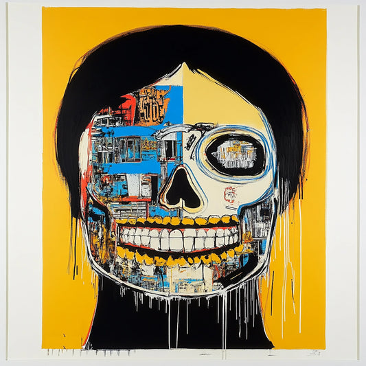 Abstract skull artwork in an expressive neo-expressionist style, featuring a fusion of human anatomy and urban textures. Bold brushstrokes, vibrant yellows, reds, and blues, and deconstructed facial structures create a haunting yet captivating aesthetic. Inspired by Basquiat and AI-assisted creativity, this series explores the interplay of identity, decay, and digital fragmentation.