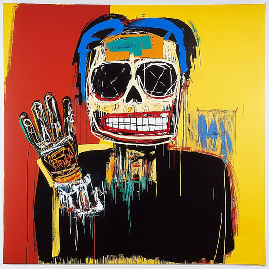 Abstract skull artwork in an expressive neo-expressionist style, featuring a fusion of human anatomy and urban textures. Bold brushstrokes, vibrant yellows, reds, and blues, and deconstructed facial structures create a haunting yet captivating aesthetic. Inspired by Basquiat and AI-assisted creativity, this series explores the interplay of identity, decay, and digital fragmentation.