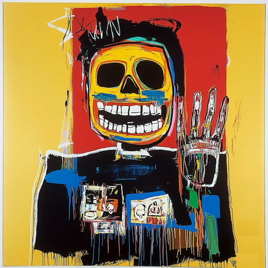 Abstract skull artwork in an expressive neo-expressionist style, featuring a fusion of human anatomy and urban textures. Bold brushstrokes, vibrant yellows, reds, and blues, and deconstructed facial structures create a haunting yet captivating aesthetic. Inspired by Basquiat and AI-assisted creativity, this series explores the interplay of identity, decay, and digital fragmentation.