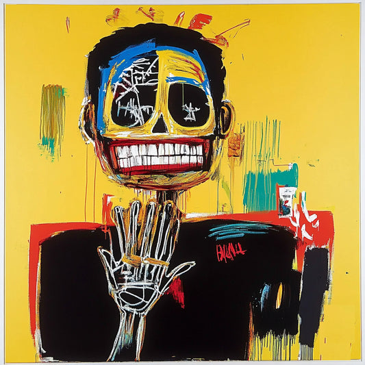 Abstract skull artwork in an expressive neo-expressionist style, featuring a fusion of human anatomy and urban textures. Bold brushstrokes, vibrant yellows, reds, and blues, and deconstructed facial structures create a haunting yet captivating aesthetic. Inspired by Basquiat and AI-assisted creativity, this series explores the interplay of identity, decay, and digital fragmentation.