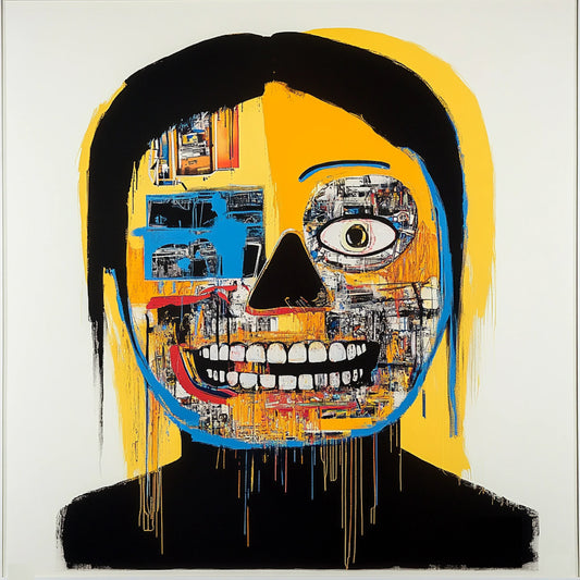 Abstract skull artwork in an expressive neo-expressionist style, featuring a fusion of human anatomy and urban textures. Bold brushstrokes, vibrant yellows, reds, and blues, and deconstructed facial structures create a haunting yet captivating aesthetic. Inspired by Basquiat and AI-assisted creativity, this series explores the interplay of identity, decay, and digital fragmentation.