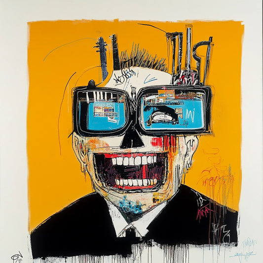 Abstract skull artwork in an expressive neo-expressionist style, featuring a fusion of human anatomy and urban textures. Bold brushstrokes, vibrant yellows, reds, and blues, and deconstructed facial structures create a haunting yet captivating aesthetic. Inspired by Basquiat and AI-assisted creativity, this series explores the interplay of identity, decay, and digital fragmentation.