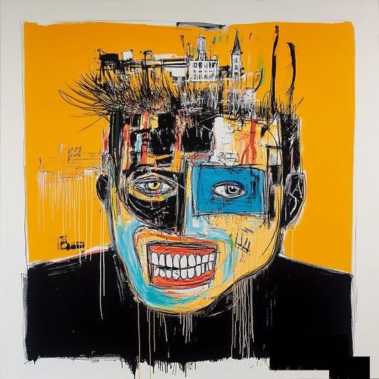 Abstract skull artwork in an expressive neo-expressionist style, featuring a fusion of human anatomy and urban textures. Bold brushstrokes, vibrant yellows, reds, and blues, and deconstructed facial structures create a haunting yet captivating aesthetic. Inspired by Basquiat and AI-assisted creativity, this series explores the interplay of identity, decay, and digital fragmentation.