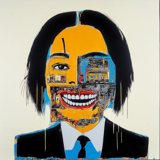 Abstract skull artwork in an expressive neo-expressionist style, featuring a fusion of human anatomy and urban textures. Bold brushstrokes, vibrant yellows, reds, and blues, and deconstructed facial structures create a haunting yet captivating aesthetic. Inspired by Basquiat and AI-assisted creativity, this series explores the interplay of identity, decay, and digital fragmentation.