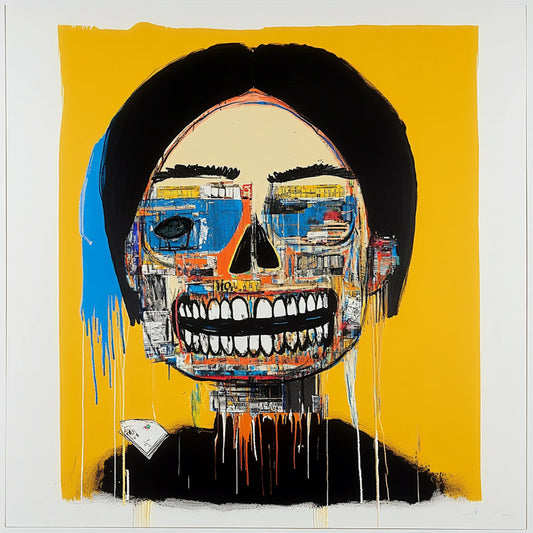 Abstract skull artwork in an expressive neo-expressionist style, featuring a fusion of human anatomy and urban textures. Bold brushstrokes, vibrant yellows, reds, and blues, and deconstructed facial structures create a haunting yet captivating aesthetic. Inspired by Basquiat and AI-assisted creativity, this series explores the interplay of identity, decay, and digital fragmentation.