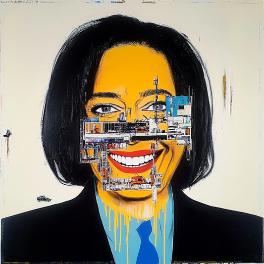 Abstract skull artwork in an expressive neo-expressionist style, featuring a fusion of human anatomy and urban textures. Bold brushstrokes, vibrant yellows, reds, and blues, and deconstructed facial structures create a haunting yet captivating aesthetic. Inspired by Basquiat and AI-assisted creativity, this series explores the interplay of identity, decay, and digital fragmentation.