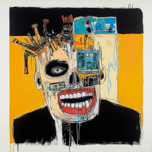 Abstract skull artwork in an expressive neo-expressionist style, featuring a fusion of human anatomy and urban textures. Bold brushstrokes, vibrant yellows, reds, and blues, and deconstructed facial structures create a haunting yet captivating aesthetic. Inspired by Basquiat and AI-assisted creativity, this series explores the interplay of identity, decay, and digital fragmentation.