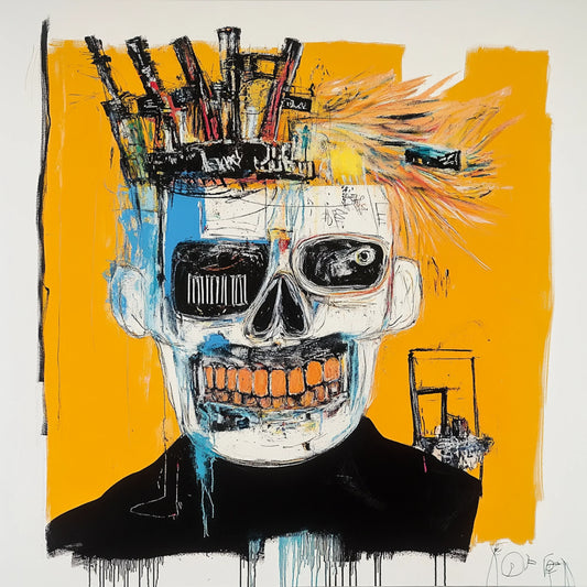 Abstract skull artwork in an expressive neo-expressionist style, featuring a fusion of human anatomy and urban textures. Bold brushstrokes, vibrant yellows, reds, and blues, and deconstructed facial structures create a haunting yet captivating aesthetic. Inspired by Basquiat and AI-assisted creativity, this series explores the interplay of identity, decay, and digital fragmentation.