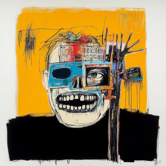 Abstract skull artwork in an expressive neo-expressionist style, featuring a fusion of human anatomy and urban textures. Bold brushstrokes, vibrant yellows, reds, and blues, and deconstructed facial structures create a haunting yet captivating aesthetic. Inspired by Basquiat and AI-assisted creativity, this series explores the interplay of identity, decay, and digital fragmentation.
