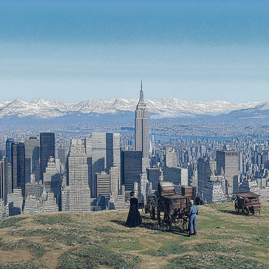 A surreal series of digitally altered paintings inspired by Giovanni Segantini’s work depicting New York City’s skyline merged with pastoral and frontier landscapes. Cowboys, horses, and wooden carts stand on grassy hills overlooking Manhattan’s towering skyscrapers, with snow-capped mountains in the background. The contrast between urban modernity and the untamed wilderness evokes a sense of temporal dislocation, blending the aesthetics of the Old West with contemporary cityscapes.