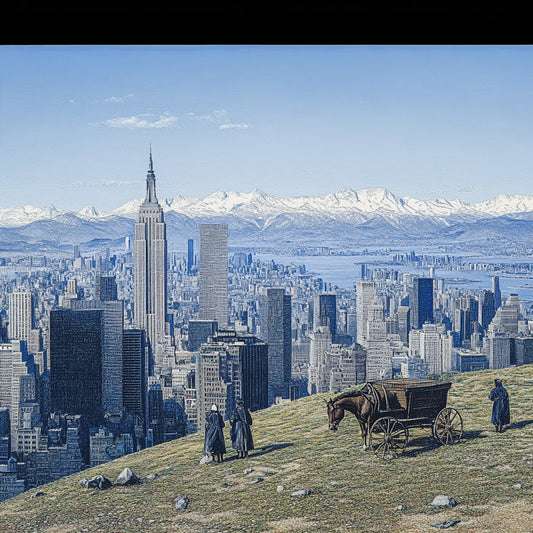 A surreal series of digitally altered paintings inspired by Giovanni Segantini’s work depicting New York City’s skyline merged with pastoral and frontier landscapes. Cowboys, horses, and wooden carts stand on grassy hills overlooking Manhattan’s towering skyscrapers, with snow-capped mountains in the background. The contrast between urban modernity and the untamed wilderness evokes a sense of temporal dislocation, blending the aesthetics of the Old West with contemporary cityscapes.