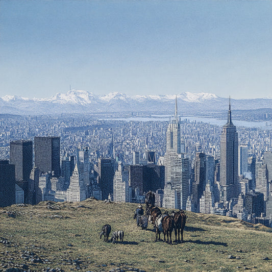 A surreal series of digitally altered paintings inspired by Giovanni Segantini’s work depicting New York City’s skyline merged with pastoral and frontier landscapes. Cowboys, horses, and wooden carts stand on grassy hills overlooking Manhattan’s towering skyscrapers, with snow-capped mountains in the background. The contrast between urban modernity and the untamed wilderness evokes a sense of temporal dislocation, blending the aesthetics of the Old West with contemporary cityscapes.