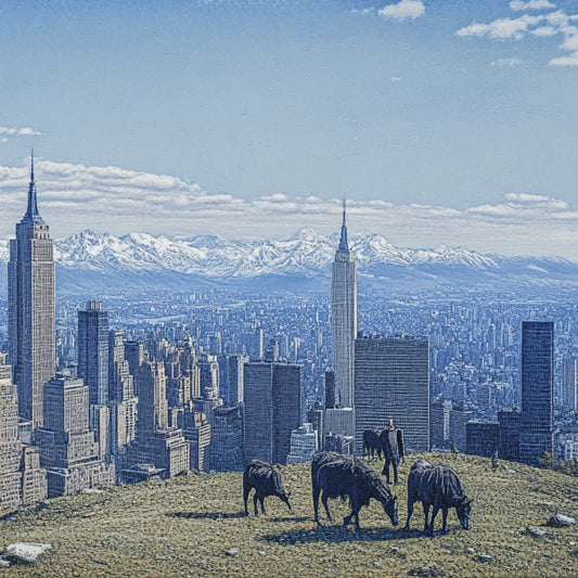 A surreal series of digitally altered paintings inspired by Giovanni Segantini’s work depicting New York City’s skyline merged with pastoral and frontier landscapes. Cowboys, horses, and wooden carts stand on grassy hills overlooking Manhattan’s towering skyscrapers, with snow-capped mountains in the background. The contrast between urban modernity and the untamed wilderness evokes a sense of temporal dislocation, blending the aesthetics of the Old West with contemporary cityscapes.