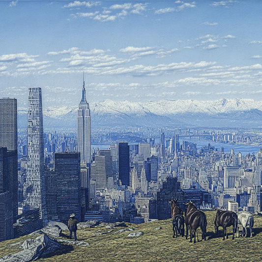 A surreal series of digitally altered paintings inspired by Giovanni Segantini’s work depicting New York City’s skyline merged with pastoral and frontier landscapes. Cowboys, horses, and wooden carts stand on grassy hills overlooking Manhattan’s towering skyscrapers, with snow-capped mountains in the background. The contrast between urban modernity and the untamed wilderness evokes a sense of temporal dislocation, blending the aesthetics of the Old West with contemporary cityscapes.