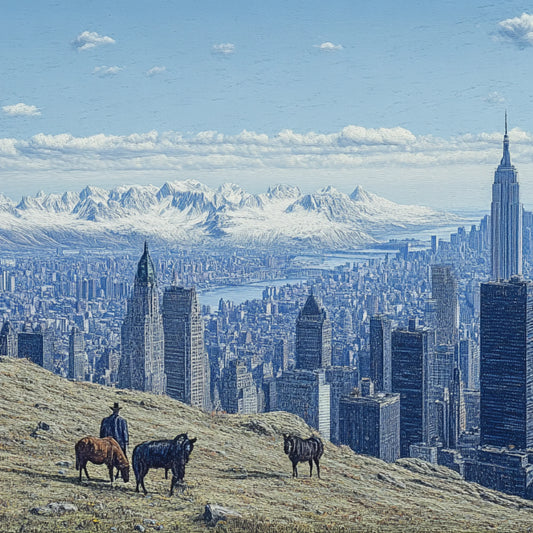 A surreal series of digitally altered paintings inspired by Giovanni Segantini’s work depicting New York City’s skyline merged with pastoral and frontier landscapes. Cowboys, horses, and wooden carts stand on grassy hills overlooking Manhattan’s towering skyscrapers, with snow-capped mountains in the background. The contrast between urban modernity and the untamed wilderness evokes a sense of temporal dislocation, blending the aesthetics of the Old West with contemporary cityscapes.