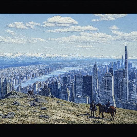 A surreal series of digitally altered paintings inspired by Giovanni Segantini’s work depicting New York City’s skyline merged with pastoral and frontier landscapes. Cowboys, horses, and wooden carts stand on grassy hills overlooking Manhattan’s towering skyscrapers, with snow-capped mountains in the background. The contrast between urban modernity and the untamed wilderness evokes a sense of temporal dislocation, blending the aesthetics of the Old West with contemporary cityscapes.