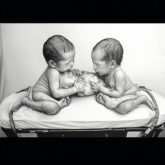 A powerful series of black-and-white illustrations exploring the bond, tension, and surreal connection between twins. These images depict newborn twins in intimate, sometimes unsettling compositions—entwined in medical settings, cradled in sterile environments, or locked in moments of primal interaction. The series blurs the line between unity and individuality, evoking themes of birth, duality, and existential symbiosis.