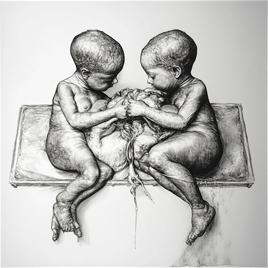 A powerful series of black-and-white illustrations exploring the bond, tension, and surreal connection between twins. These images depict newborn twins in intimate, sometimes unsettling compositions—entwined in medical settings, cradled in sterile environments, or locked in moments of primal interaction. The series blurs the line between unity and individuality, evoking themes of birth, duality, and existential symbiosis.