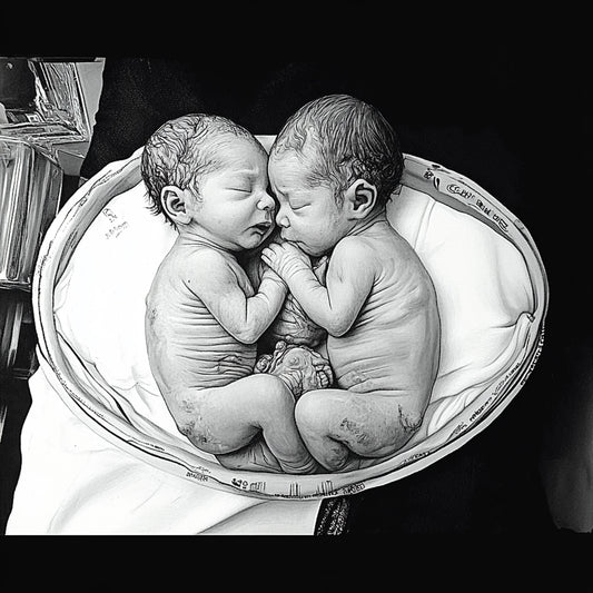 A powerful series of black-and-white illustrations exploring the bond, tension, and surreal connection between twins. These images depict newborn twins in intimate, sometimes unsettling compositions—entwined in medical settings, cradled in sterile environments, or locked in moments of primal interaction. The series blurs the line between unity and individuality, evoking themes of birth, duality, and existential symbiosis.