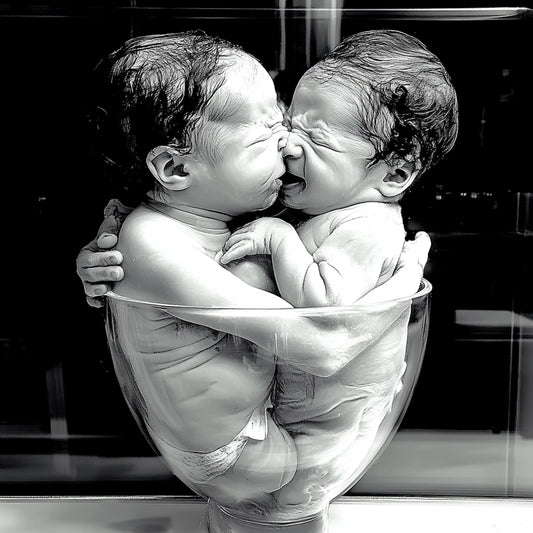 A powerful series of black-and-white illustrations exploring the bond, tension, and surreal connection between twins. These images depict newborn twins in intimate, sometimes unsettling compositions—entwined in medical settings, cradled in sterile environments, or locked in moments of primal interaction. The series blurs the line between unity and individuality, evoking themes of birth, duality, and existential symbiosis.