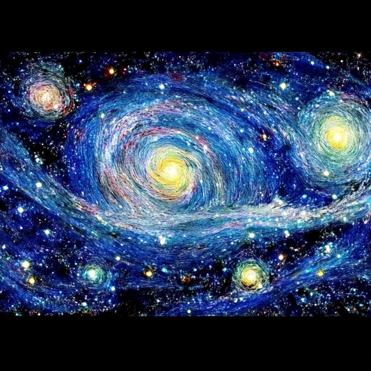 A swirling cosmic dreamscape inspired by Van Gogh's signature brushstrokes. This series blends celestial wonders with the artist's signature impasto style, featuring luminous galaxies, spiraling nebulae, and vibrant starlit skies. Deep blues and golden yellows create a mesmerizing interplay of movement and texture, evoking the grandeur of the universe through the expressive turbulence of Van Gogh's Starry Night.