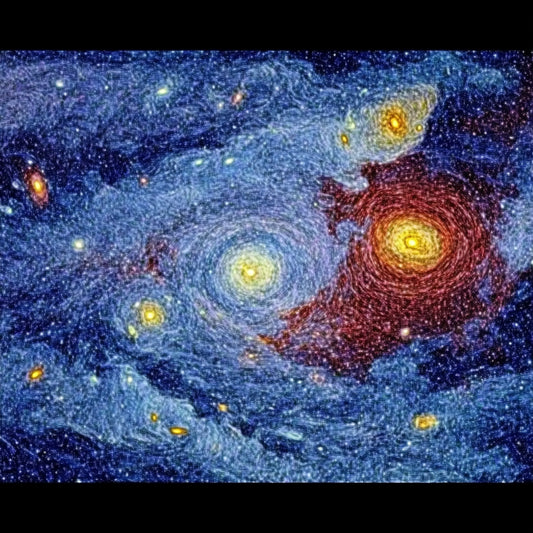 A swirling cosmic dreamscape inspired by Van Gogh's signature brushstrokes. This series blends celestial wonders with the artist's signature impasto style, featuring luminous galaxies, spiraling nebulae, and vibrant starlit skies. Deep blues and golden yellows create a mesmerizing interplay of movement and texture, evoking the grandeur of the universe through the expressive turbulence of Van Gogh's Starry Night.