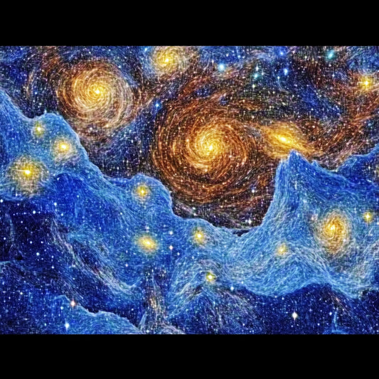 A swirling cosmic dreamscape inspired by Van Gogh's signature brushstrokes. This series blends celestial wonders with the artist's signature impasto style, featuring luminous galaxies, spiraling nebulae, and vibrant starlit skies. Deep blues and golden yellows create a mesmerizing interplay of movement and texture, evoking the grandeur of the universe through the expressive turbulence of Van Gogh's Starry Night.