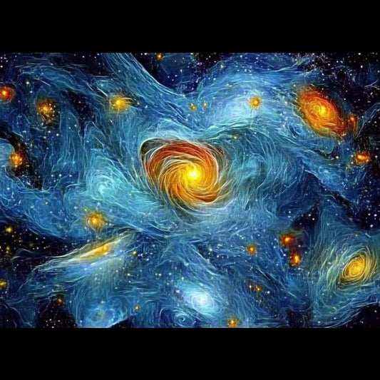 A swirling cosmic dreamscape inspired by Van Gogh's signature brushstrokes. This series blends celestial wonders with the artist's signature impasto style, featuring luminous galaxies, spiraling nebulae, and vibrant starlit skies. Deep blues and golden yellows create a mesmerizing interplay of movement and texture, evoking the grandeur of the universe through the expressive turbulence of Van Gogh's Starry Night.
