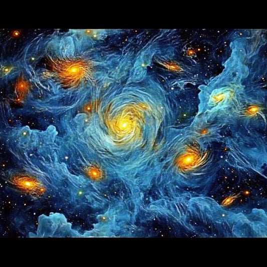A swirling cosmic dreamscape inspired by Van Gogh's signature brushstrokes. This series blends celestial wonders with the artist's signature impasto style, featuring luminous galaxies, spiraling nebulae, and vibrant starlit skies. Deep blues and golden yellows create a mesmerizing interplay of movement and texture, evoking the grandeur of the universe through the expressive turbulence of Van Gogh's Starry Night.