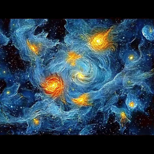 A swirling cosmic dreamscape inspired by Van Gogh's signature brushstrokes. This series blends celestial wonders with the artist's signature impasto style, featuring luminous galaxies, spiraling nebulae, and vibrant starlit skies. Deep blues and golden yellows create a mesmerizing interplay of movement and texture, evoking the grandeur of the universe through the expressive turbulence of Van Gogh's Starry Night.