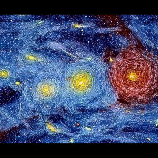 A swirling cosmic dreamscape inspired by Van Gogh's signature brushstrokes. This series blends celestial wonders with the artist's signature impasto style, featuring luminous galaxies, spiraling nebulae, and vibrant starlit skies. Deep blues and golden yellows create a mesmerizing interplay of movement and texture, evoking the grandeur of the universe through the expressive turbulence of Van Gogh's Starry Night.