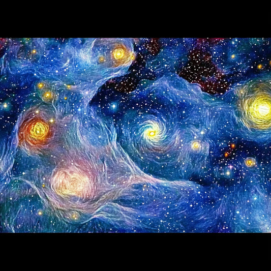 A swirling cosmic dreamscape inspired by Van Gogh's signature brushstrokes. This series blends celestial wonders with the artist's signature impasto style, featuring luminous galaxies, spiraling nebulae, and vibrant starlit skies. Deep blues and golden yellows create a mesmerizing interplay of movement and texture, evoking the grandeur of the universe through the expressive turbulence of Van Gogh's Starry Night.